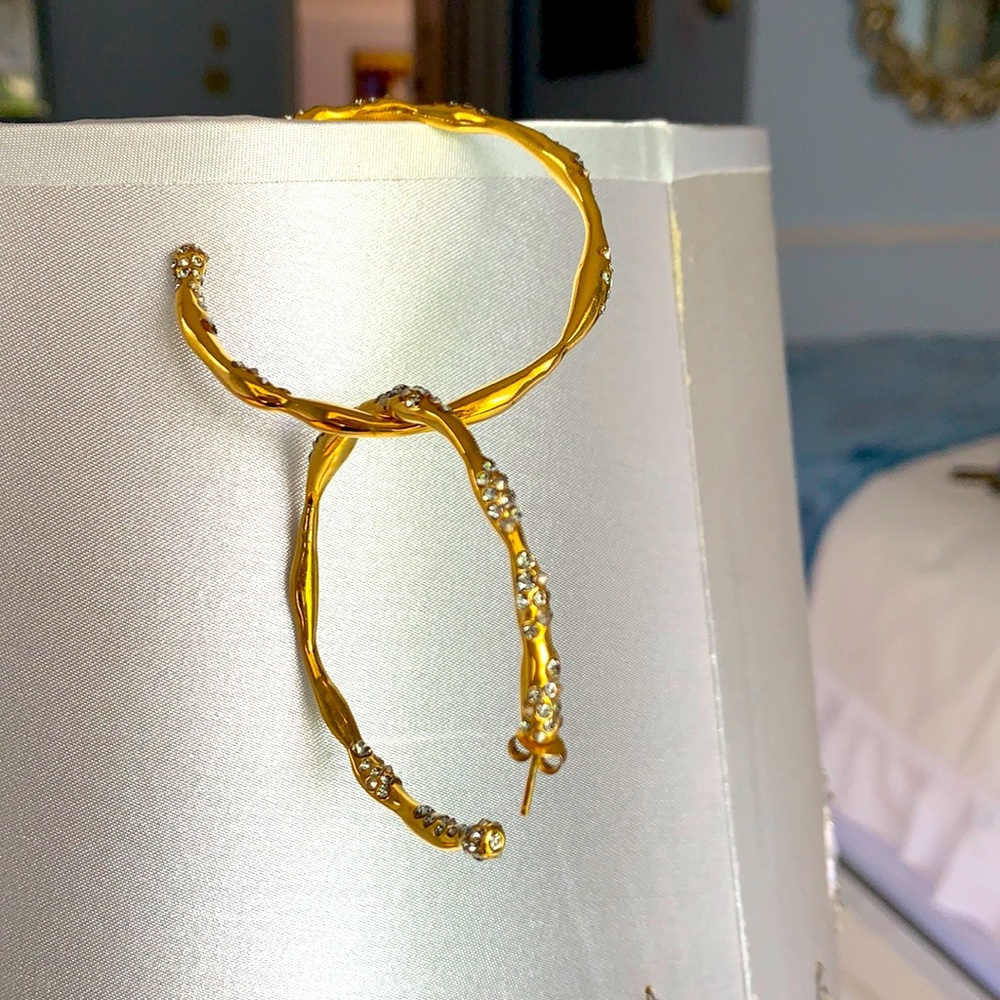 Alexis Bittar gold hoops with crystals.